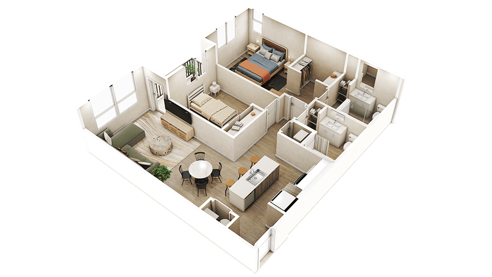 Floor plan for 2 beds, 2 baths, 1075 sqft